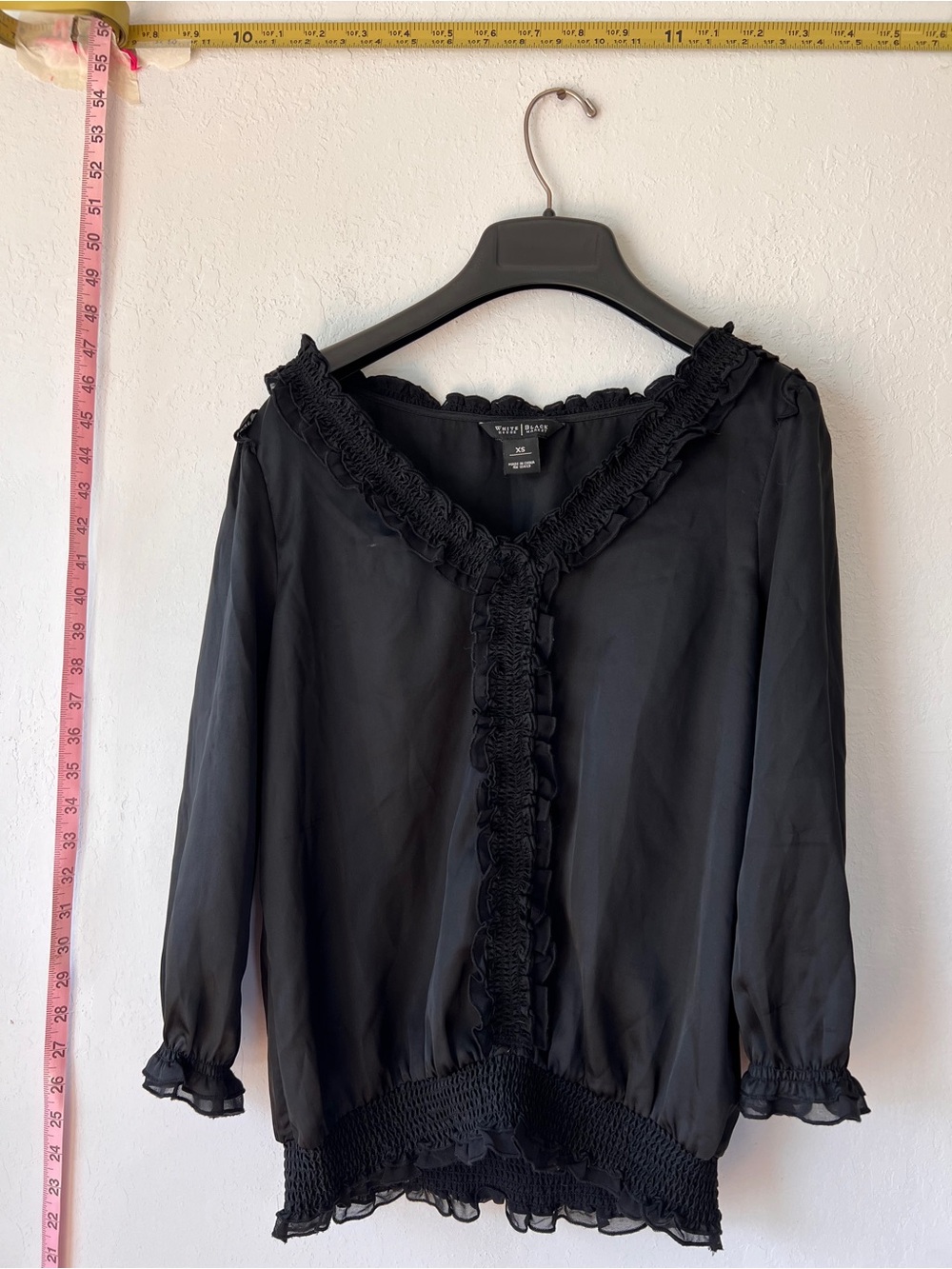 Express Black Ruffle V-Neck Blouse with Smocked Hem